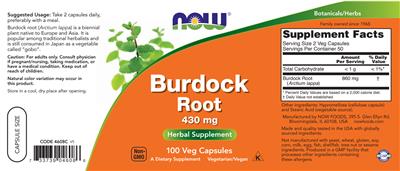 Burdock Root 430 mg label