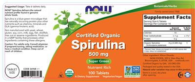 Certified Organic Spirulina 500 mg label