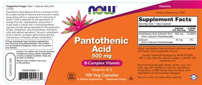 Pantothenic Acid 500 mg label