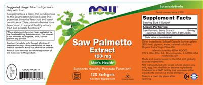 Saw Palmetto Extract 160 mg label