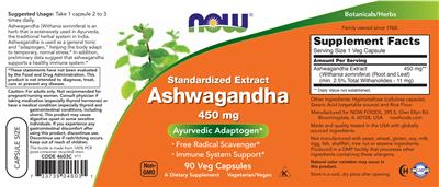 Standardized Extract Ashwagandha 450 mg label