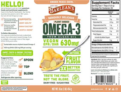 Plant Based Omega-3 Ginger Peach Swirl label