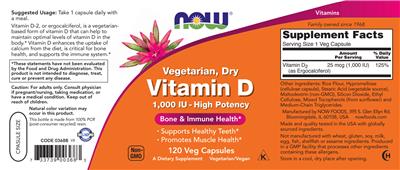 Vegetarian, Dry Vitamin D 1,000 IU - High Potency label