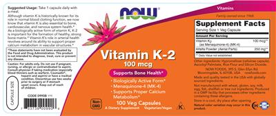 Vitamin K-2 100 mcg label