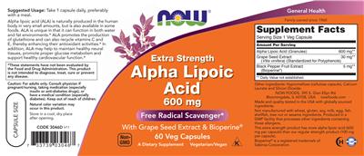 Extra Strength Alpha Lipoic Acid 600 mg label