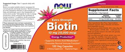 Extra Strength Biotin 10 mg (10,000 mcg) label