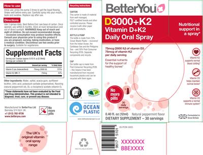 D3000+ K2 Vitamin D+K2 Daily Oral Spray Natural Peppermint Flavor label