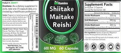 Shiitake Maitake Reishi 600 mg label