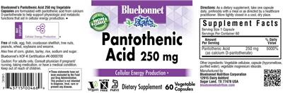 Pantothenic Acid 250 mg label