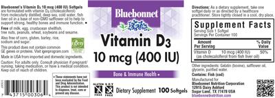 Vitamin D3 10 mcg (400 IU) label