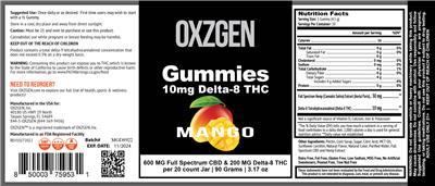 Delta-8 THC 600 mg Gummies Mango label