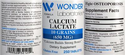 Calcium Lactate 10 Grains (650 mg) label