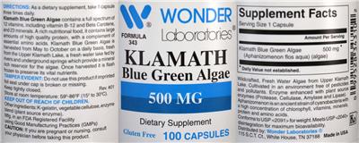 Klamath Blue Green Algae 500 mg label