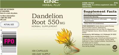 Dandelion Root 550 mg label