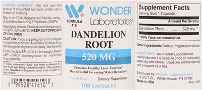 Dandelion Root 520 mg label