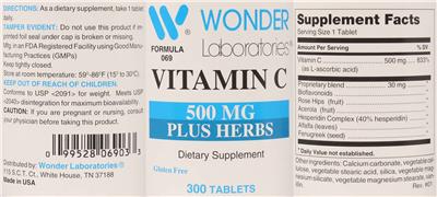 Vitamin C 500 mg plus Herbs label