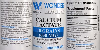 Calcium Lactate 10 Grains (650 mg) label