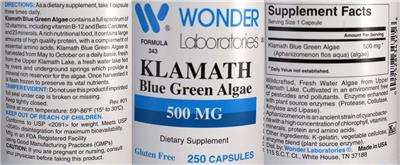 Klamath Blue Green Algae 500 mg label