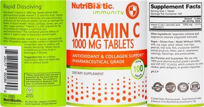 Vitamin C 1000 mg Tablets label