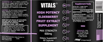 High Potency Elderberry Fruit Extract Supplement 600 mg label
