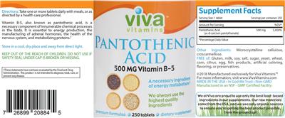 Pantothenic Acid 500 mg label