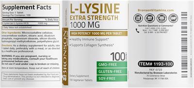 L-Lysine Extra Strength 1000 mg label
