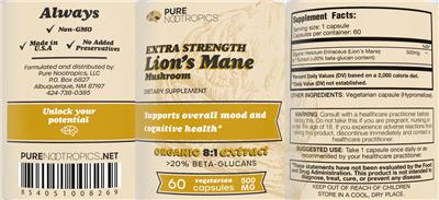 Lion's Mane Mushroom Extra Strength 500 mg label