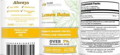 Lemon Balm Extract 600 mg label