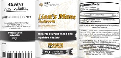 Lion's Mane Mushroom 500 mg label