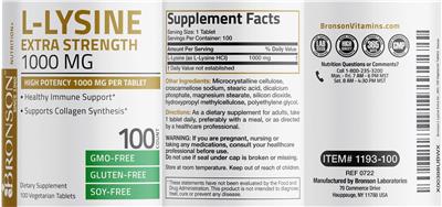 L-Lysine Extra Strength 1000 mg label