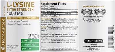 L-Lysine Extra Strength 1000 mg label