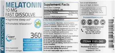 Melatonin 10 mg Fast Dissolve Peppermint Flavor label