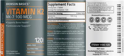 Vitamin K2 100 mcg label