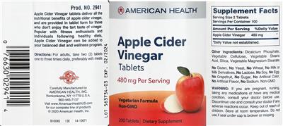 Apple Cider Vinegar Tablets label