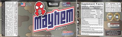Mayhem Energy Red, White, & Blue Raspberry label