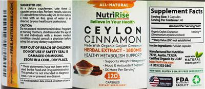 Ceylon Cinnamon 1800 mg label