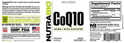 CoQ10 200 mg With Bioperine label