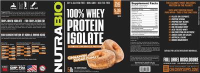 100% Whey Protein Isolate Cinnamon Sugar Donut label