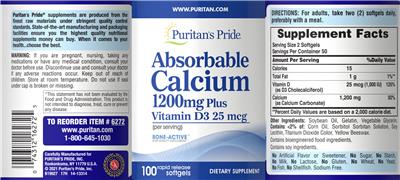 Absorbable Calcium 1200 mg plus Vitamin D3 25 mcg label