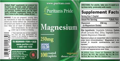 Magnesium 250 mg label