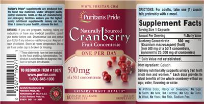 Cranberry Fruit Concentrate 500 mg label