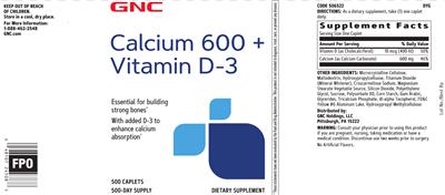 Calcium 600 + Vitamin D-3 label