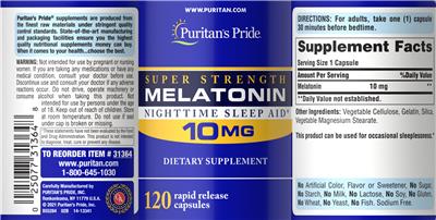 Super Strength Melatonin 10 mg label