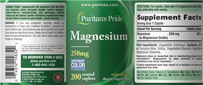 Magnesium 250 mg label