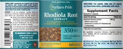 Rhodiola Root Extract 350 mg label