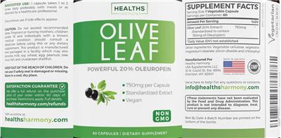 Olive Leaf 750 mg label