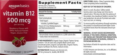 Vitamin B12 500 mcg Raspberry Flavor label