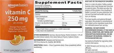 Vitamin C 250 mg Orange Flavor label