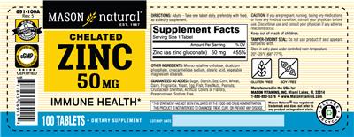 Chelated Zinc 50 mg label