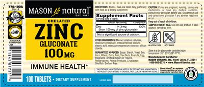 Chelated Zinc Gluconate 100 mg label